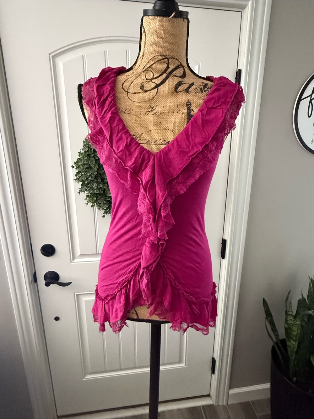 eyelash couture Fuchsia Pink Ruffled V-Neck Tank